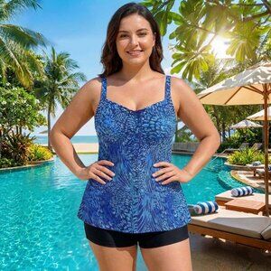 Plus Swim Tankini Set Womens Size 16 Blue Animal Print Swimwear